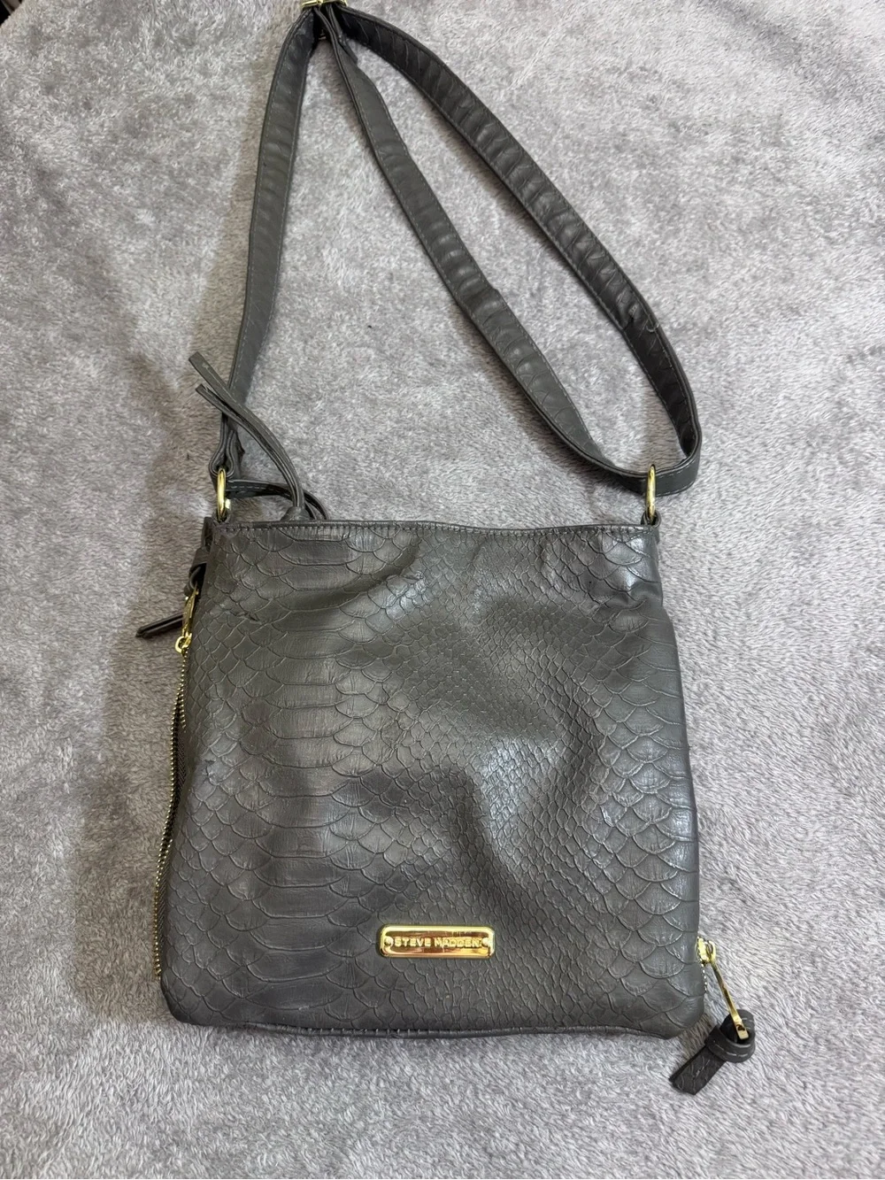 Steve Madden Black Snake-Embossed Crossbody with Gold Hardware